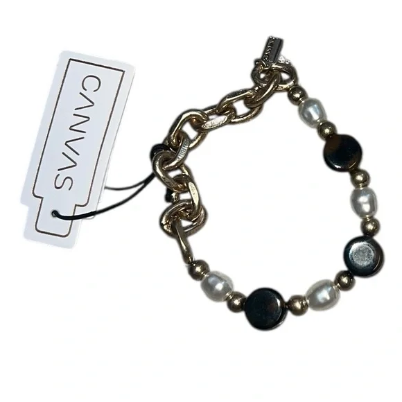 ✅Canvas Stretch Loraine Chain Bracelet Tortoise Shell n Pearl - Picture 3 of 4